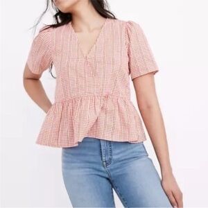 Madewell Cotton Red Gingham Puff Sleeve Wrap top XS Red White